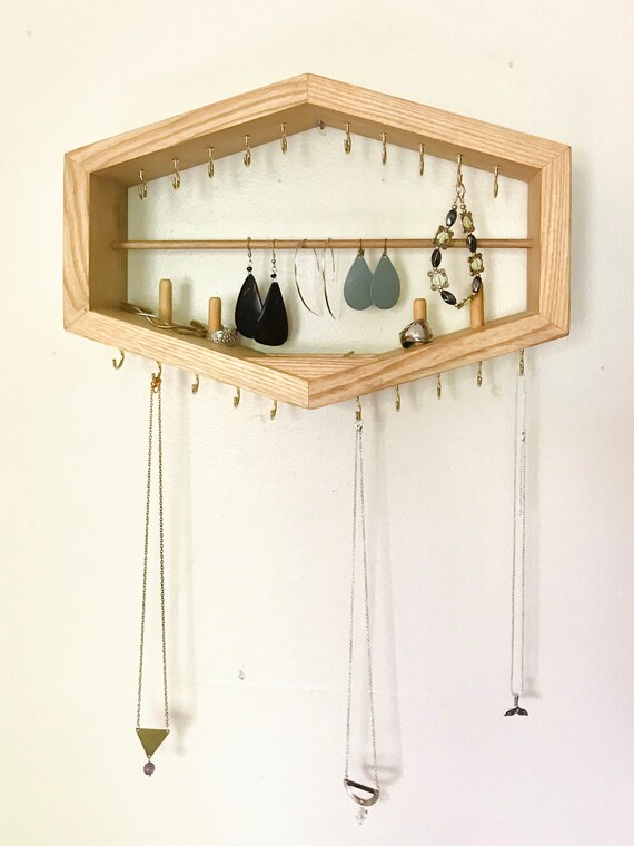 Hanging Wooden Jewelry Organizer Handmade geometric shelf Etsy