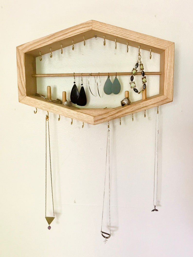 Hanging Wooden Jewelry Organizer Handmade geometric shelf Etsy