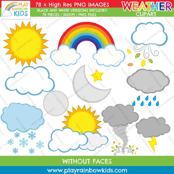 Weather Clipart - Instant Download rainbow clipart, sun, cloud, tornado, moon, word graphics - Commercial use