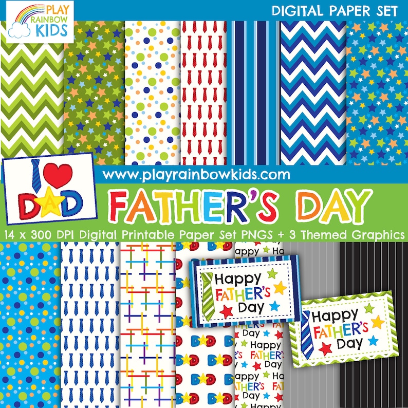Pu&ograve; includere: Un set di carta digitale con 14 motivi diversi, tra cui chevron blu e verde, cravatte rosse e bianche e pois blu e bianchi. Il set include anche tre grafiche a tema con il testo "Buon giorno del pap&agrave;".