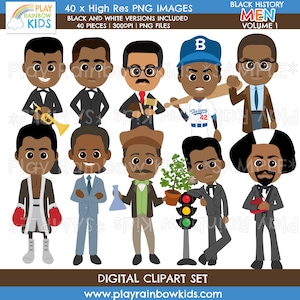 May include: Digital clipart set featuring cartoon illustrations of Black History figures. The images include a boxer, baseball player, and other notable men. The set includes 40 high-resolution PNG images in black and white versions.
