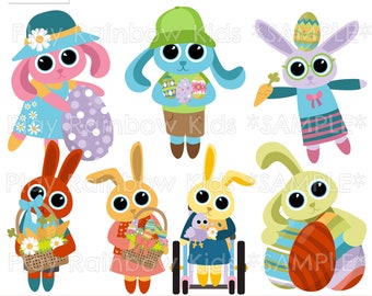Easter Bunny Clipart, Commercial Use, Easter Clipart, Easter Graphics, Animal Clipart. Instant Download, Bunnies, Carrots, Painted Eggs