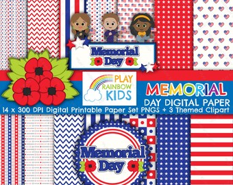 Memorial Day Digital Paper and Clipart for Scrapbooking, risorse per la classe, biglietti e altro ancora - Uso commerciale