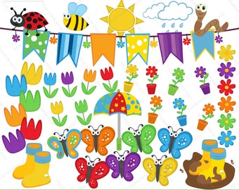 Spring Clipart - Instant download - Butterfly, Ladybug, Daisy, Tulip, Bumblebee, Sun, Umbrella, Cloud, Rain boots