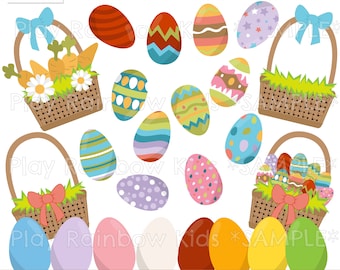 May include: A digital clipart set of 41 Easter eggs in various colors and patterns, including baskets filled with eggs. The clipart is perfect for creating Easter-themed crafts, cards, and decorations.