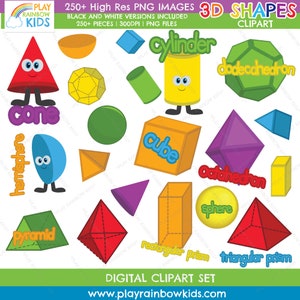 Op de afbeelding: Een set kleurrijke 3D-vormen met cartoongezichten en namen. De vormen omvatten een kegel, een halfrond, een piramide, een kubus, een cilinder, een dodecaëder, een octaëder, een bol, een rechthoekig prisma en een driehoekig prisma. De vormen zijn perfect om kinderen geometrie te leren.