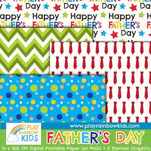 Pu&ograve; includere: Un set di carta digitale per la Festa del Pap&agrave; con tre diversi motivi: chevron verde e bianco, cravatte a righe rosse e bianche e pois blu, verdi, gialli e bianchi. Il set include 14 carte digitali e 3 grafiche a tema. Il testo "PLAY RAINBOW KIDS" e "FATHER'S DAY" &egrave; incluso nell'immagine.