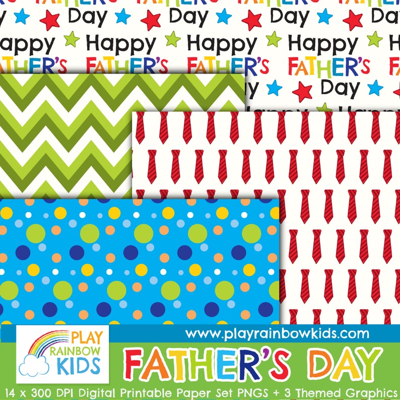 Pu&ograve; includere: Un set di carta digitale per la Festa del Pap&agrave; con tre diversi motivi: chevron verde e bianco, cravatte a righe rosse e bianche e pois blu, verdi, gialli e bianchi. Il set include 14 carte digitali e 3 grafiche a tema. Il testo "PLAY RAINBOW KIDS" e "FATHER'S DAY" &egrave; incluso nell'immagine.