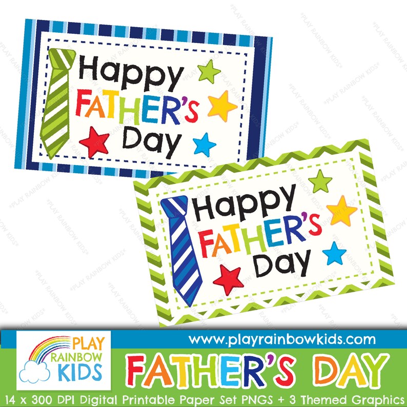 Pu&ograve; includere: Due biglietti di auguri per la festa del pap&agrave; stampabili con un design a cravatta. Il primo biglietto ha una cravatta a righe verde e bianca e uno sfondo a righe blu e bianco. Il secondo biglietto ha una cravatta a righe blu e bianca e uno sfondo a chevron verde e bianco. Entrambi i biglietti dicono "Buon giorno del pap&agrave;" con stelle rosse.