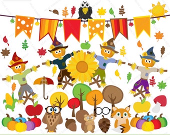 Fall Autumn Clipart - Instant Download, scarecrow, pumpkin, owl, fox, sunflower, tree, apple, crow - Commercial Use