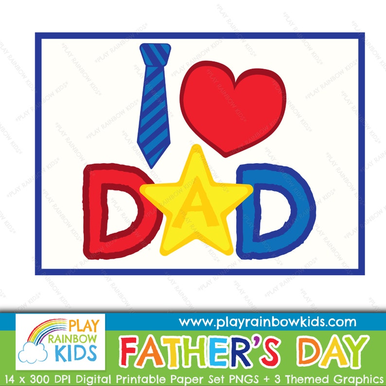 Pu&ograve; includere: Un'illustrazione colorata delle parole "Ti amo pap&agrave;" con un cuore rosso, una cravatta a righe blu e bianche e una stella gialla. Il testo "Festa del Pap&agrave;" &egrave; sotto l'illustrazione e l'indirizzo del sito web "www.playrainbowkids.com" &egrave; sopra il testo.