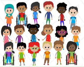 Kids Diversity Clipart. Kids on Wheelchair, Disability clipart, classroom decor, scrapbooking, cards, invitations and more - Commercial Use