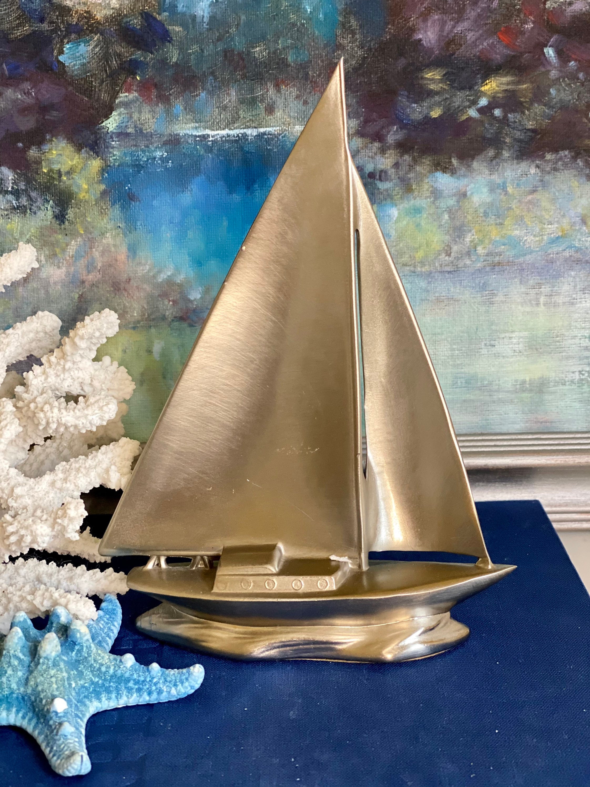 Sailboat Figurine Pewter Sailboat Nautical Decor Beach Etsy