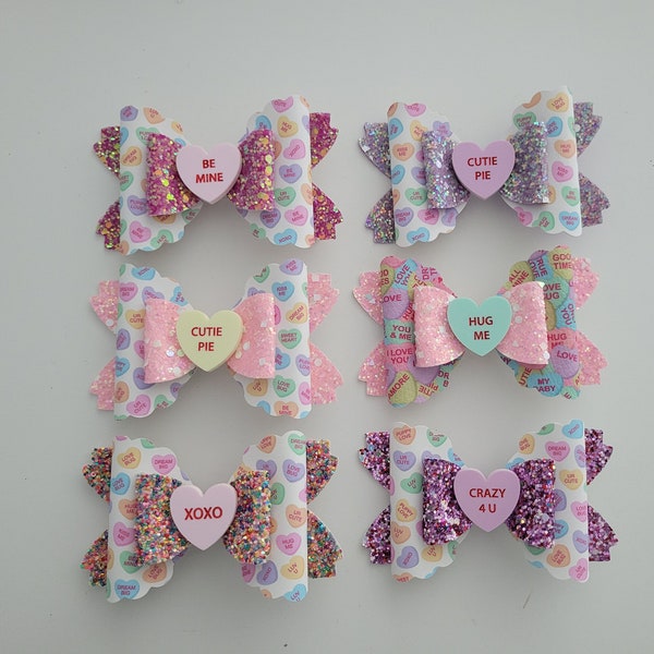 Valentines day hair bow,  Candy hearts hair bow, conversation heart hair bow, Heart hair bow