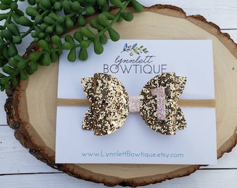 Personalized Hair Bow, Gold & Pale Pink Glitter Bows, Girls Birthday, Birthday Age Bow, 1st Birthday Bow, First Birthday Bow, girls 2nd bday