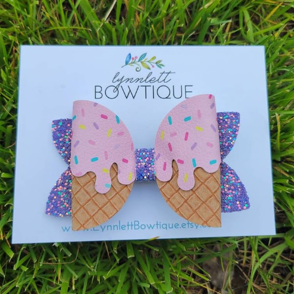 Ice cream drip hair bow, Pink and Purple Glitter Bow, Girls Hair accessories, Ice Cream Party, Cute Hair Bow for Girls