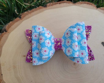 Floral hair bow, glitter hair bow, Spring hair bow, Flower Hair Bow, Blue Glitter Bow, Pink Glitter Bow, Cute Bows for Girls