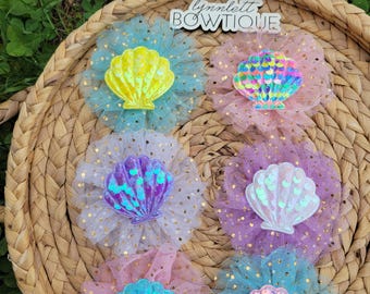 Sequin Sea Shell Clip, Sparkle Puff hair bows, Seashell hair bow, Beach headbands
