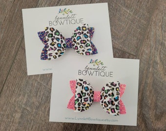 Rainbow cheetah bow, cheetah print hair bow, summer hair bow, bows for girls