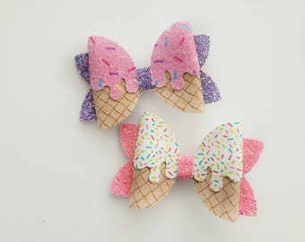 Ice cream drip hair bow, Pink and Purple Glitter Bow, Girls Hair accessories, Ice Cream Party, Cute Hair Bow for Girls