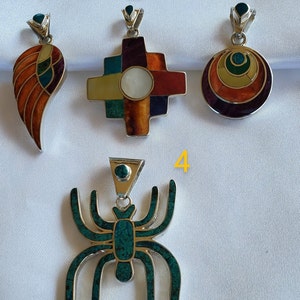 Stone Wing, Chacana Cross, Pachamama Spiral, Chrysocola Spider Nazca Line Peru ,Pendants Silver.950, Handcrafted, Peruvian Gift, Best Sell.