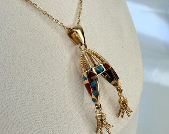 18K Rose Gold Incan Style Chullo Hat Pendant with Natural Stones. Handcrafted Peruvian Jewelry.