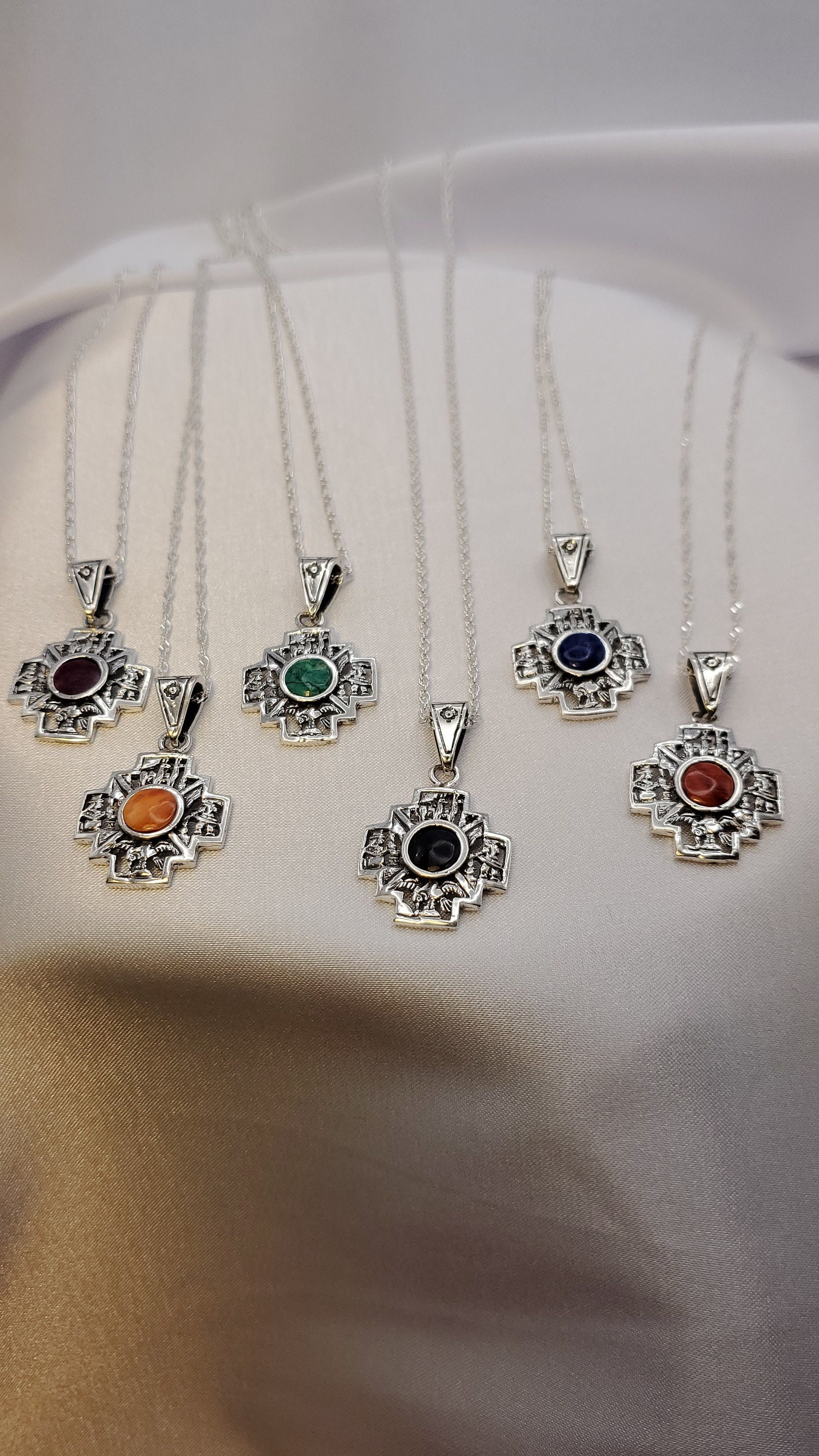 Pendentif Chakana En Argent Massif 900 Avec Turquoise - Croix Andine Péruvienne - Neuf