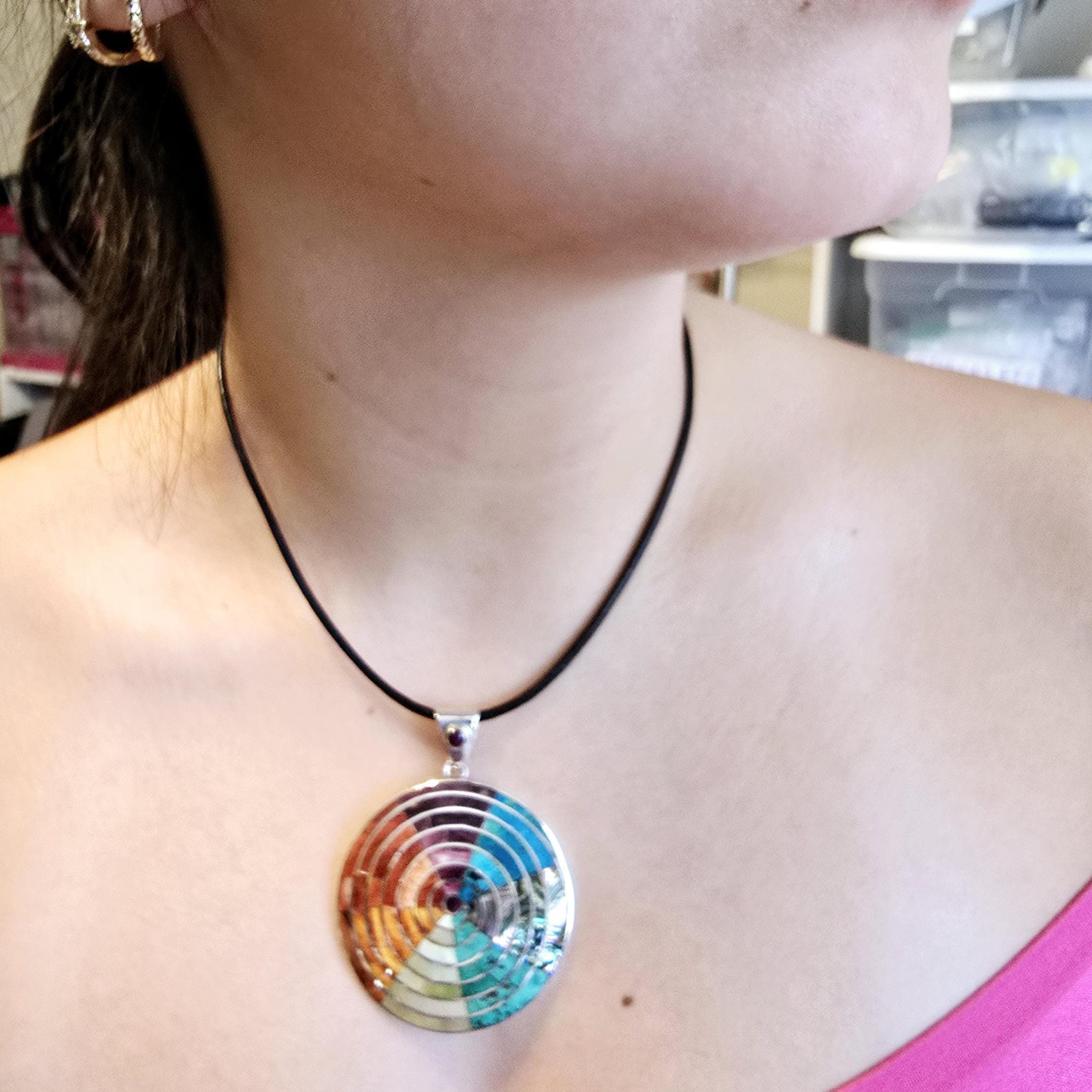 Spiral Multicolor Stones Pendant Silver.950 and Leather Necklace, Pachamama Pendant, Women's Gift, Peruvian Jewelry.