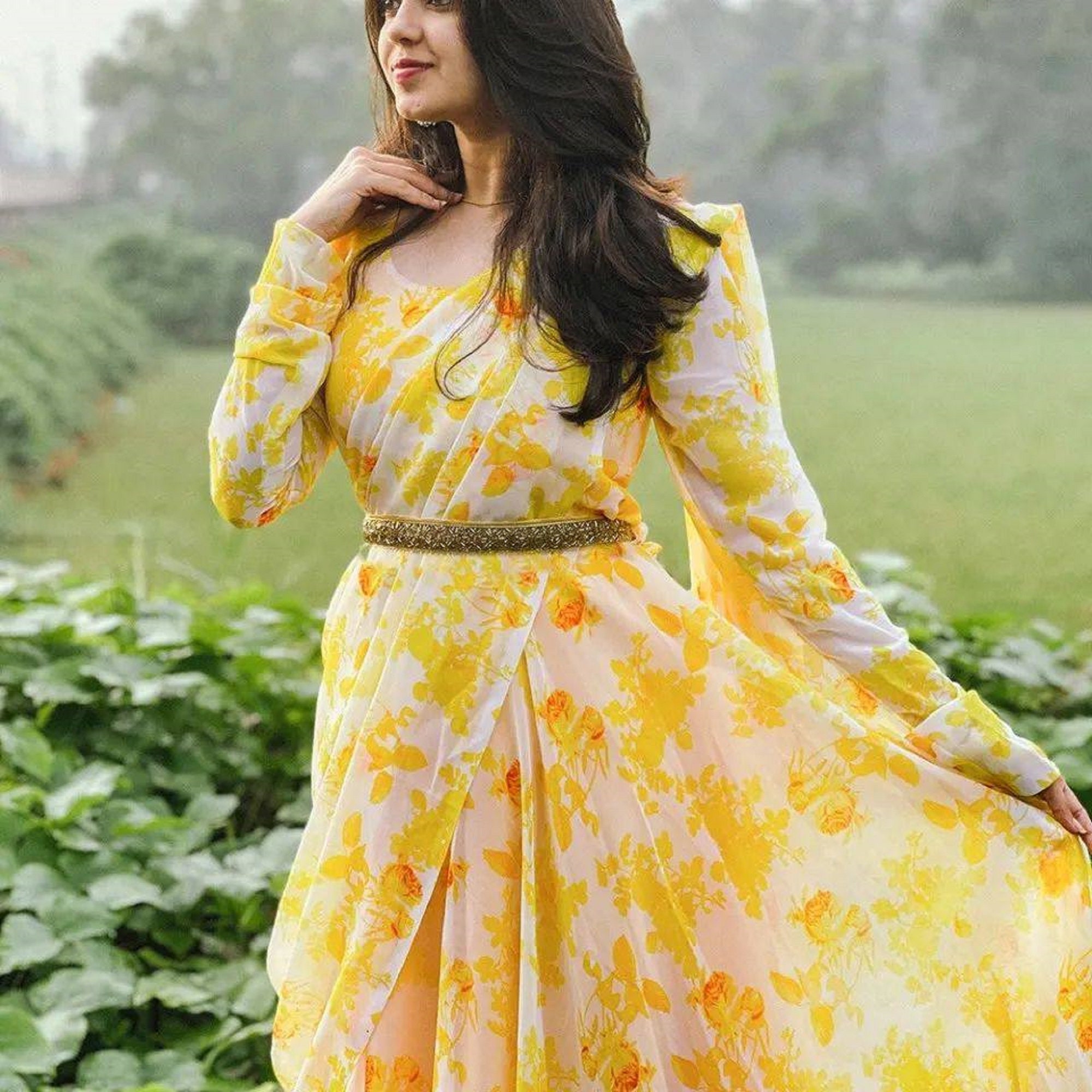Casual Lime Yellow Flower Printed Anarkali Suit Long Gown