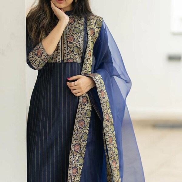 Beautiful Cotton Lurex Kurta Palazzo & Dupatta Set Blue Printed Salwar Kameez Readymade Set 3 Piece Stitched Attractive Partywear Dress New