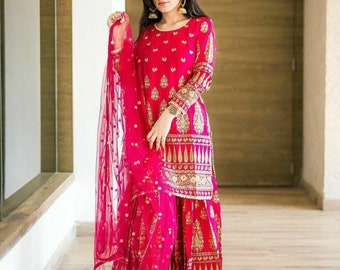 karwa chauth Beautiful pink Kurta Sharara Set with Duppatta, Pakistani Designer rayon  3 piece Salwar Kameez for Weddings Readymade Dresses