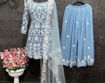 Premium Pakistani Sky Blue Partywear Straight Kurta Sharara & Dupatta set,Bridesmaid Dresses, 3 pc Embroidered Salwar Kameez Readymade