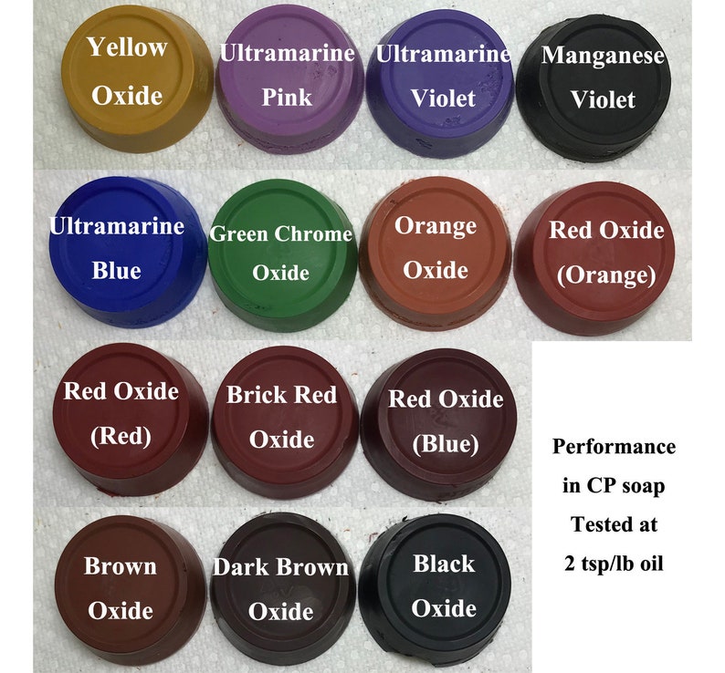 May include: A collection of 12 small round containers of different colors, each containing a different type of pigment. The containers are labeled with the pigment name and color. The text "Performance in CP soap Tested at 2 tsp/lb oil" is written below the containers.
