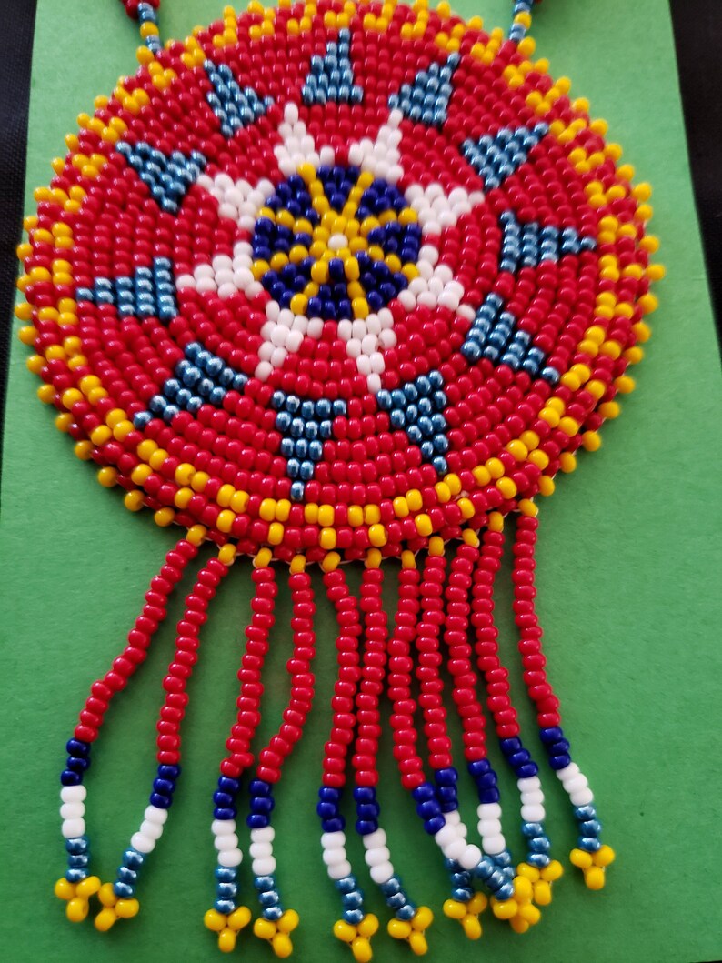 3 inch hand beaded Native American rosette necklace