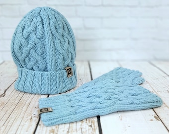 Handcrafted Blue Celtic Cable Knit Winter Hat and Fingerless Gloves Set - Cashmere, Merino Wool, Silk