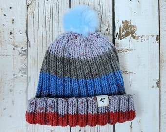 Men's Knit, Ribbed Winter Hat, USA, In Blue, Red and Gray Stripes, Handcrafted