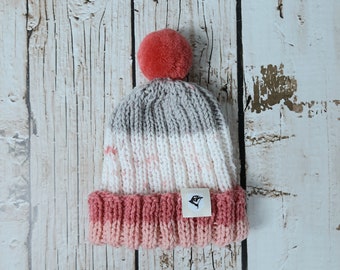 Infant's Winter Striped Hat - Pink, white and Gray, Pompom