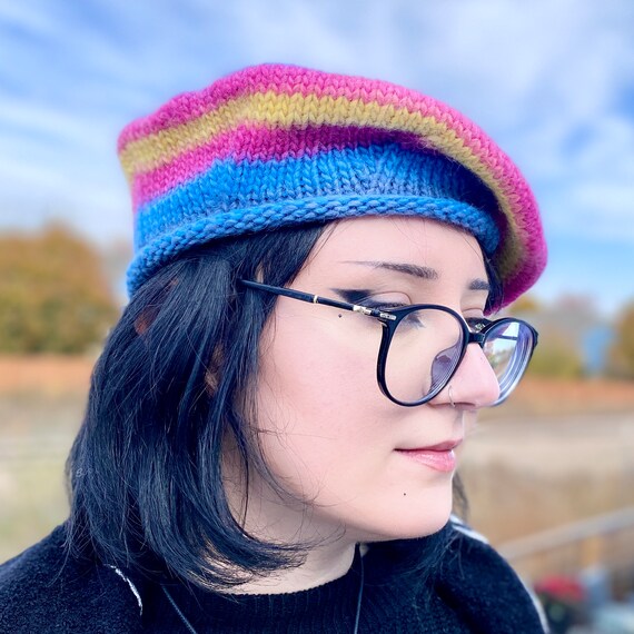 Handcrafted Multi Colored Striped Knit Tam Beret Winter Hat  display picture 1