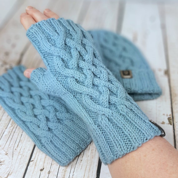 Merino Wool Silk Cashmere Handcrafted Blue Celtic Cable Knit Winter Hat and Fingerless Gloves Set