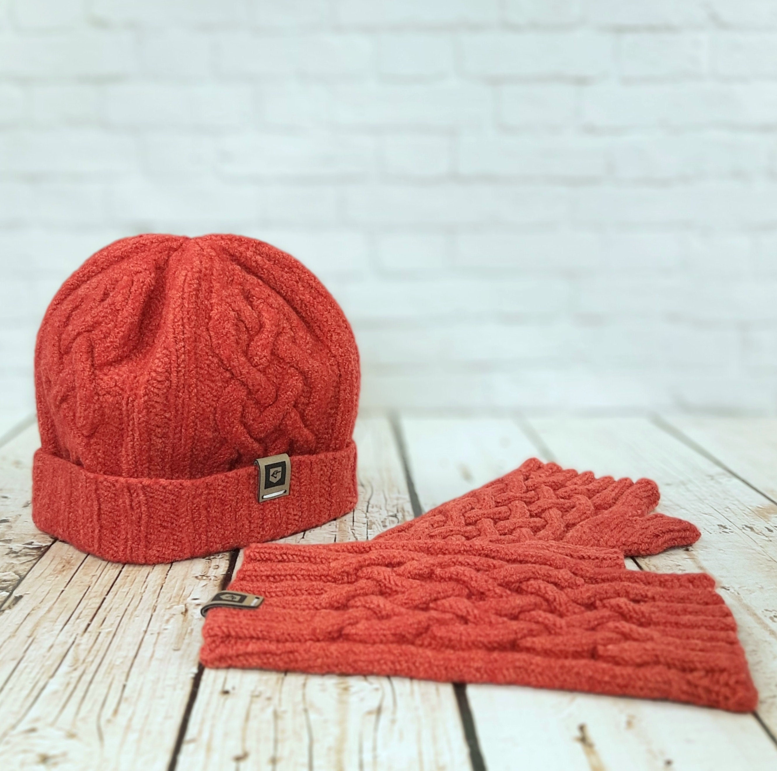 Hand Knit Red Celtic Cable Hat and Fingerless Gloves: Cashmere, Merino Wool, Silk Blend