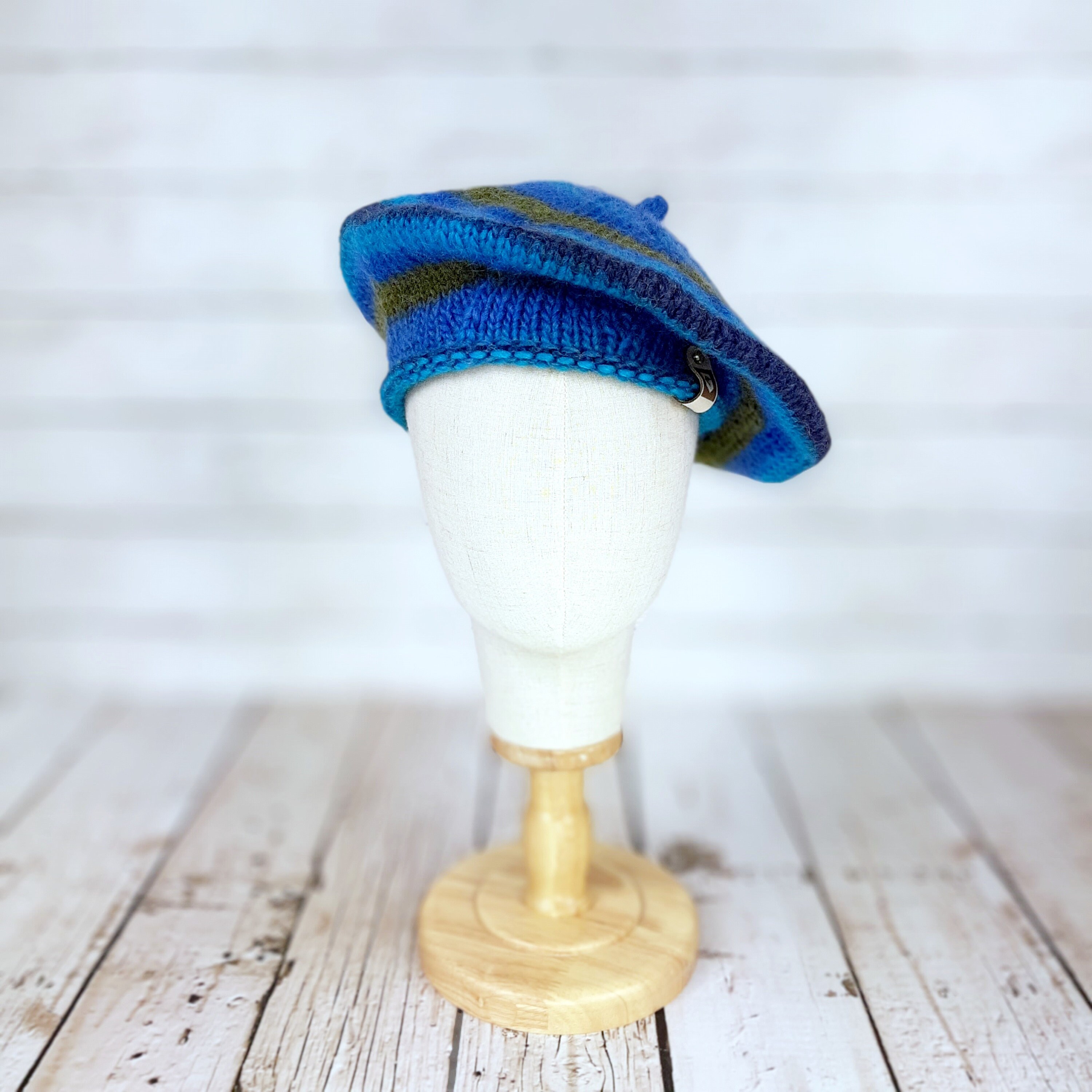 Vintage wool knit beret style cap in colorful stripe pattern, made in Canada Handcrafted Multi Colored Striped Knit Tam Beret Winter Hat  main image 2