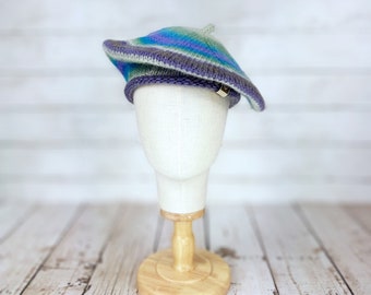 Vintage wool knit beret style cap in colorful stripe pattern, made in Canada Handcrafted Multi Colored Striped Knit Tam Beret Winter Hat  main image 2