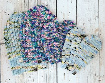 Handcrafted Knit Winter Hat and Mitten Set - 100% Merino Wool