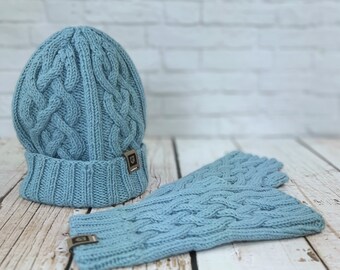 Merino Wool Silk Cashmere Handcrafted Blue Celtic Cable Knit Winter Hat and Fingerless Gloves Set