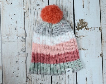 Girl's Pink and Gray Striped Pompom Slouchy Hat