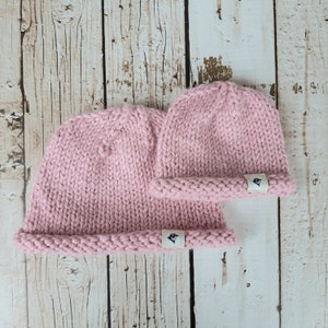 Mommy and Me Matching Chunky Wool Blend Hat Set - Pink, Rolled Brim, Cap