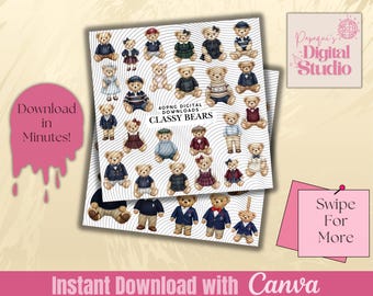 Classy Teddy Bear PNG Clipart Bundle | 40 Preppy Baby Bears | Nursery, Baby Shower, Invitations