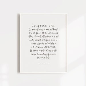 1 Corinthians 13:4-8 Bible Verse Wall Decor - Wall Art - 5x7, 8x10, 11x14, 16x20 Poster - Watercolor Calligraphy - Printable