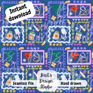 Sjuksköterska & Läkare Liv Patchwork Sömlös Fil Digital Nedladdning Handritad Illustration Medicinska Förnödenheter Papper Sublimering PNG 300DPI