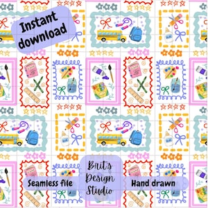May include: A repeating pattern featuring school-themed illustrations. The design includes a yellow school bus, backpacks, pencils, scissors, glue, paintbrushes, and books. The words "Instant download", "Seamless file", "Brit's Design Studio", and "Hand drawn" are also visible.